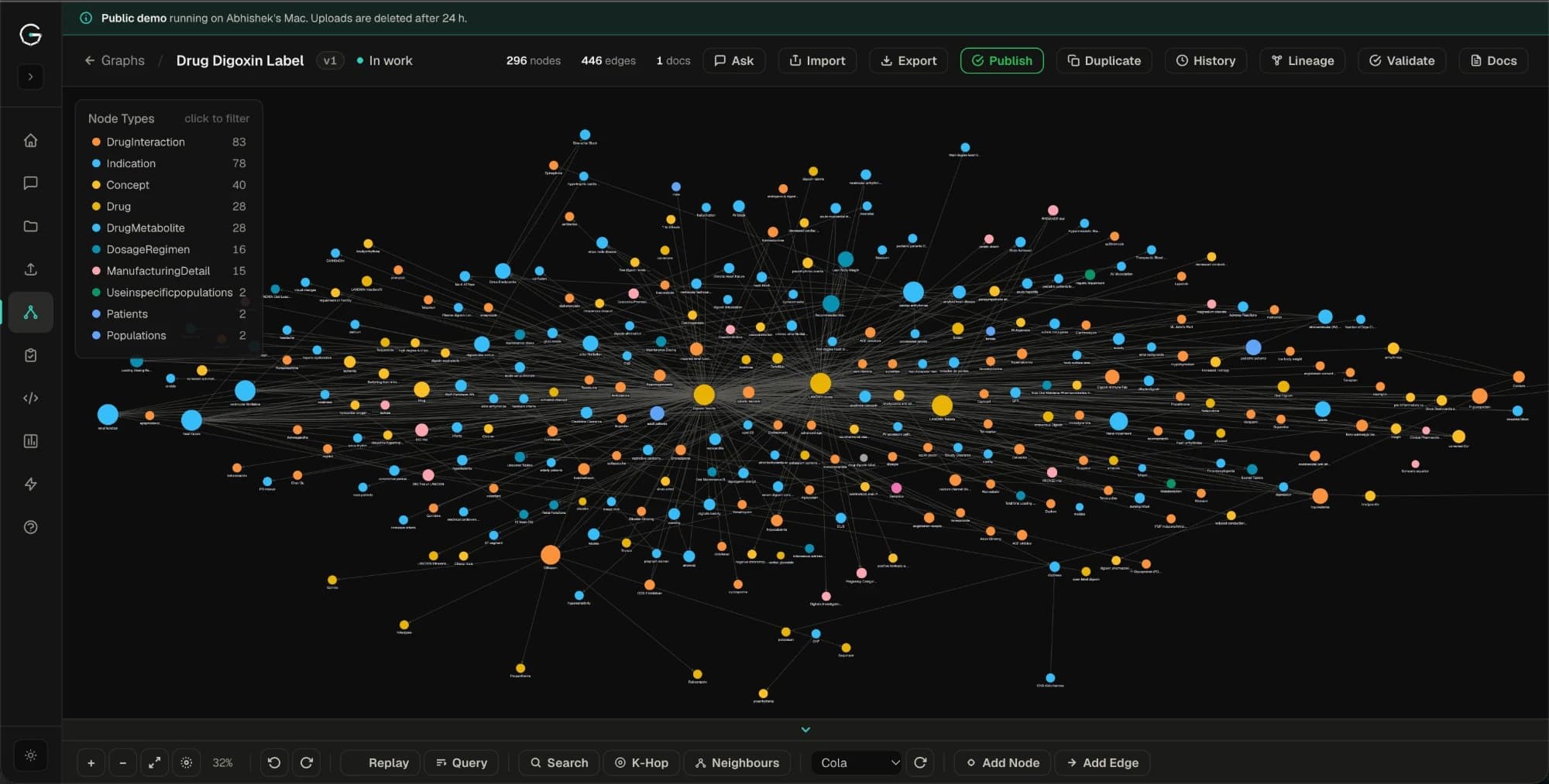 GraphMind showing a knowledge graph of 296 nodes and 446 edges built from a drug label